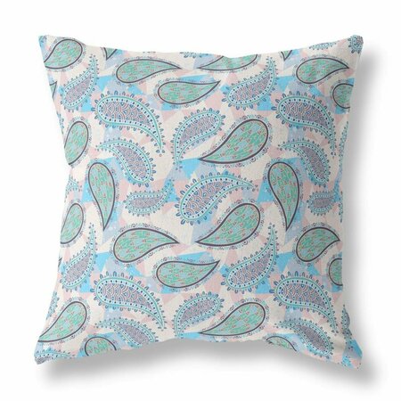 PALACEDESIGNS 16 in. Boho Paisley Indoor & Outdoor Throw Pillow Blue Green & Pink PA3100426